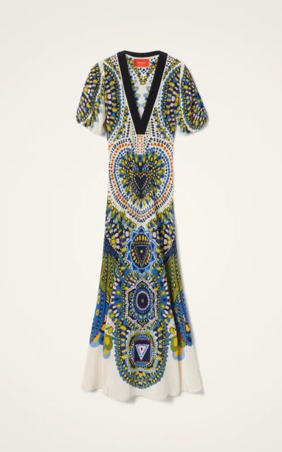 La Doublej Marlene Multicolor Long Flared Dress With V Neck And All-over Graphic Print In Silk Woman