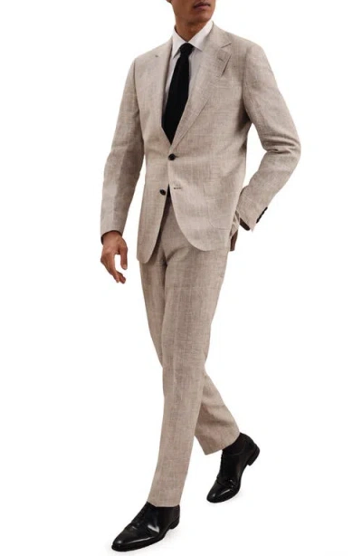 Reiss Oatmeal Slim Fit Check Adjuster Trousers With Turn-ups