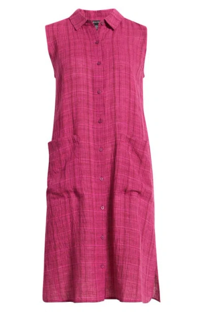 Eileen Fisher Crinkled Plaid Organic Linen Shift Shirtdress