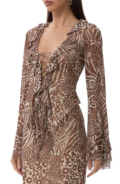Afrm Long Sleeve Ruffle Top With Lace Up Detail