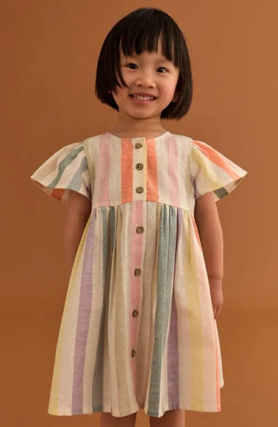 NEXT NEXT KIDS' RAINBOW STRIPE FLUTTER SLEEVE COTTON & LINEN DRESS 