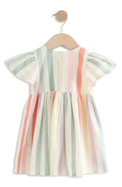 Next Kids' Rainbow Stripe Flutter Sleeve Cotton & Linen Dress