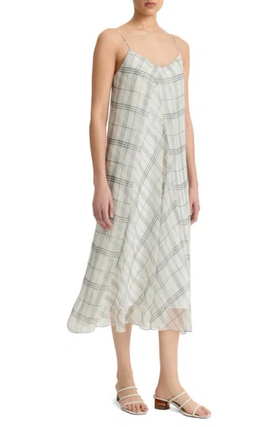 Vince Sleeveless Sheer Plaid Midi Dress In Gray