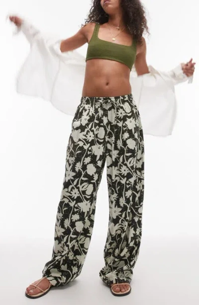 Topshop Mono Floral Wide Leg Drawstring Pants