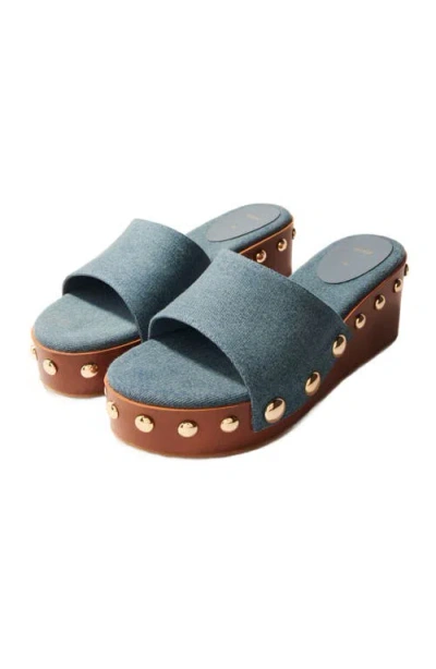 Maje Denim Studded Wedge Mules In Neutral