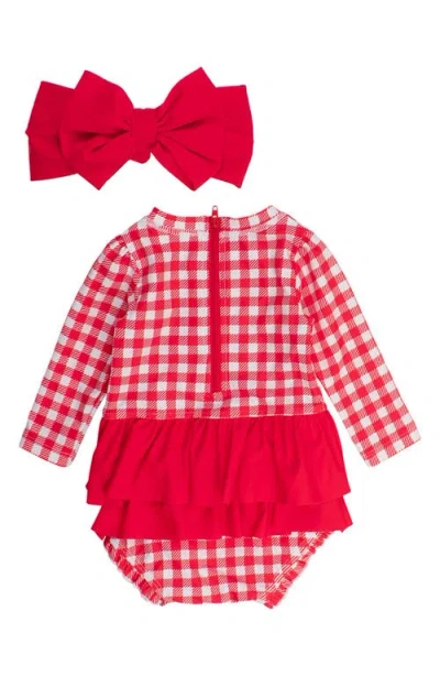 Rufflebutts Gingham One-piece Rashguard Swimsuit & Bow Head Wrap Set