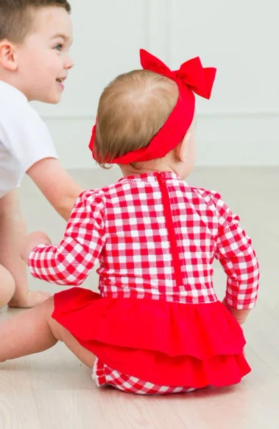 Rufflebutts Gingham One-piece Rashguard Swimsuit & Bow Head Wrap Set