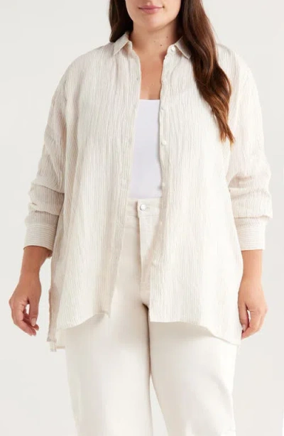 Eileen Fisher Crinkled Stripe Organic Linen Button-up Shirt