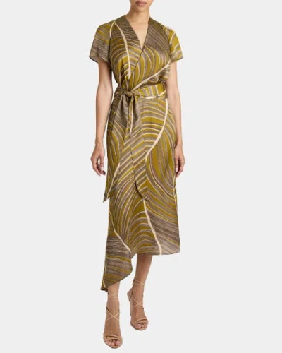 Santorelli Haley Cap Sleeve Faux Wrap Hi Lo Midi Dress In Printed Charmeuse
