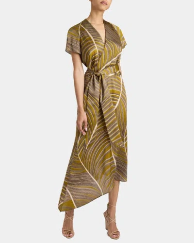 Santorelli Haley Cap Sleeve Faux Wrap Hi Lo Midi Dress In Printed Charmeuse