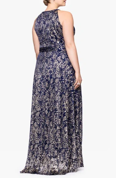 Betsy & Adam Plus Size Metallic Floral Print Sleeveless Gown