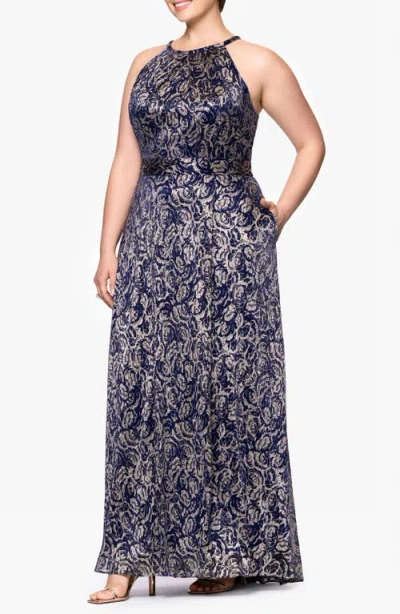Betsy & Adam Plus Size Metallic Floral Print Sleeveless Gown