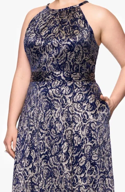 Betsy & Adam Plus Size Metallic Floral Print Sleeveless Gown