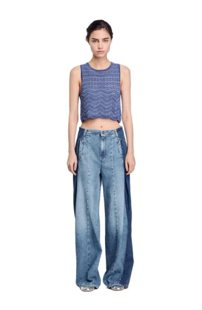 Sandro Womens Bleus Sleeveless Cropped Knitted Top