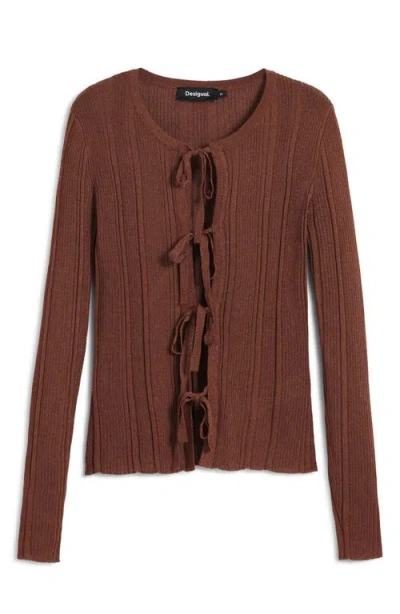Desigual Rib Tie Front Top In Brown