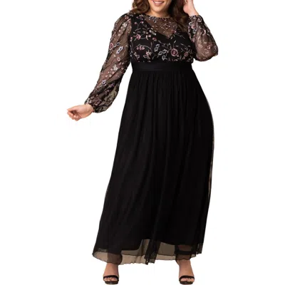 Kiyonna Floral Embroidered Long Sleeve Empire Waist Mesh Gown