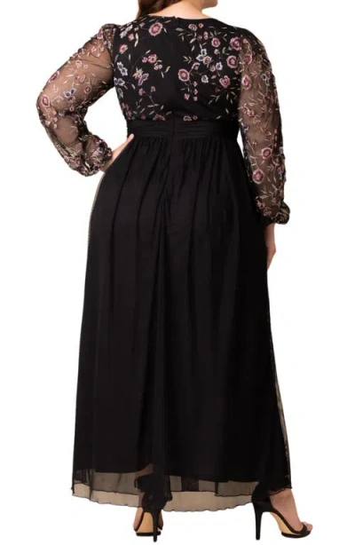 Kiyonna Floral Embroidered Long Sleeve Empire Waist Mesh Gown