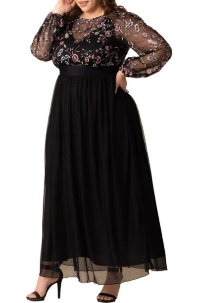 Kiyonna Floral Embroidered Long Sleeve Empire Waist Mesh Gown