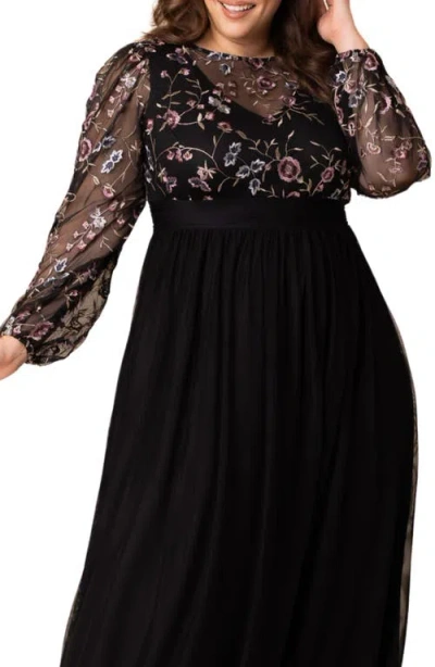 Kiyonna Floral Embroidered Long Sleeve Empire Waist Mesh Gown