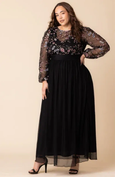 Kiyonna Floral Embroidered Long Sleeve Empire Waist Mesh Gown