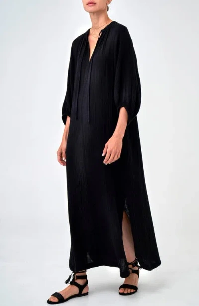 Ocean + Main Ocean+main Avery Long Tie Neck Dress Gauze Caftan In Black