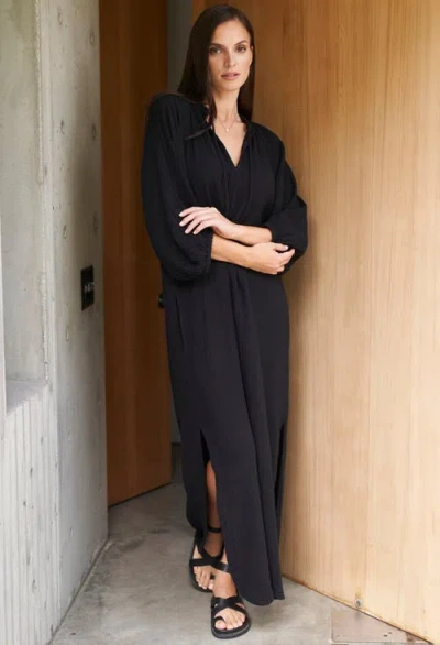 Ocean + Main Ocean+main Avery Long Tie Neck Dress Gauze Caftan In Black