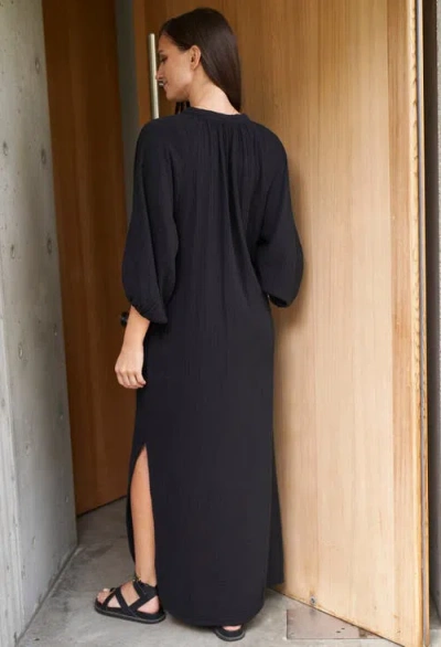 Ocean + Main Ocean+main Avery Long Tie Neck Dress Gauze Caftan In Black