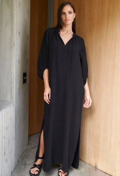 Ocean + Main Ocean+main Avery Long Tie Neck Dress Gauze Caftan In Black