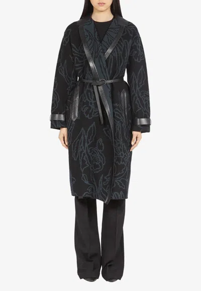 Ferragamo Floral Jacquard Belted Coat In Black