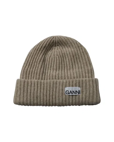 Ganni Rib Knit Beanie In Beige Recycled Wool