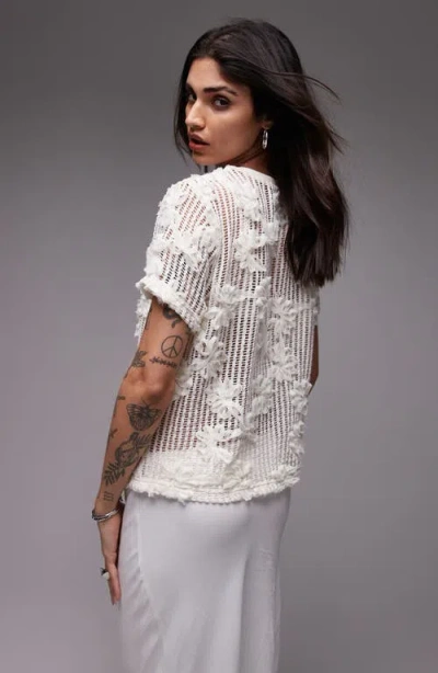 Topshop Floral Appliqué Sheer Open Stitch T-shirt