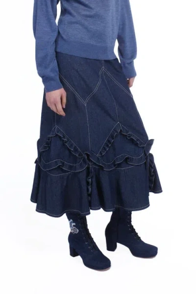 Anna Sui Denim Ruffle Maxi Skirt