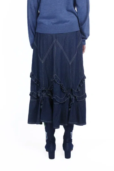 Anna Sui Denim Ruffle Maxi Skirt