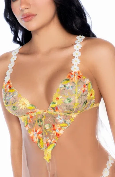 Mapalé Mapale Embroidered Mesh Underwire Babydoll Chemise & Thong Set In Yellow