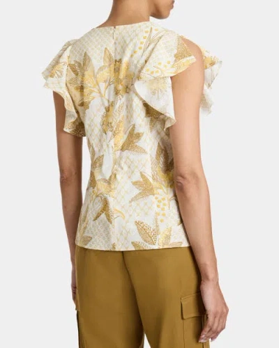 Santorelli Ella Flutter Sleeve Buttoned Blouse With Waist Panel In Floral Printed Cotton Cloque