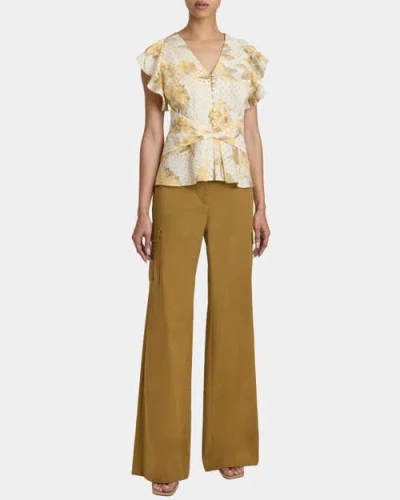 Santorelli Ella Flutter Sleeve Buttoned Blouse With Waist Panel In Floral Printed Cotton Cloque