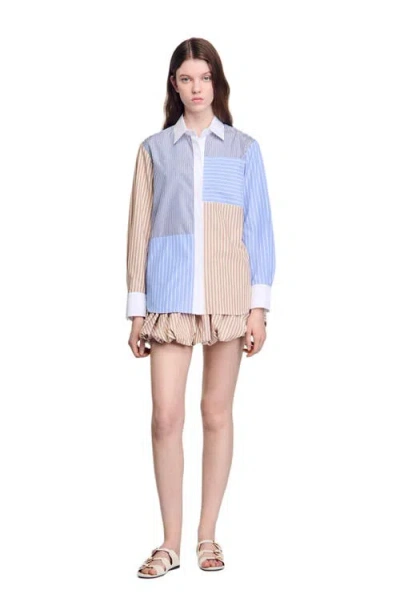 Sandro Poplin Stripe Patchwork Shirt