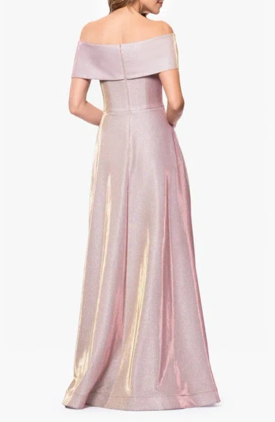 Betsy & Adam Metallic Off The Shoulder Ballgown In Pink