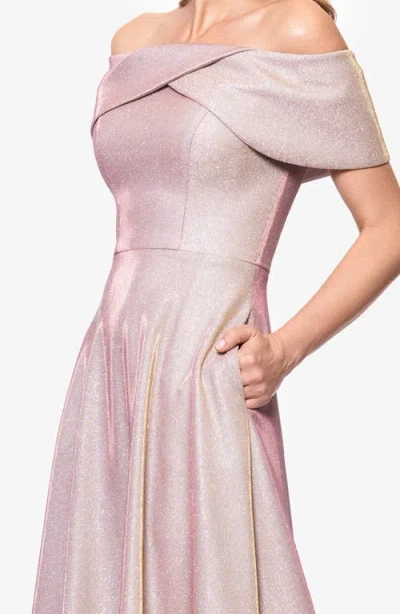 Betsy & Adam Metallic Off The Shoulder Ballgown In Pink
