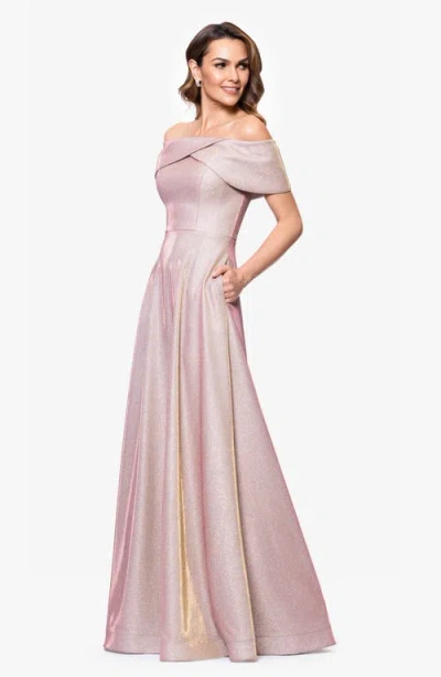Betsy & Adam Metallic Off The Shoulder Ballgown In Pink