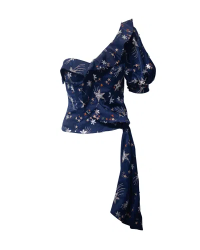 Self-portrait Self Portrait Star Embellished One Shoulder Top In Navy Blue Polyester