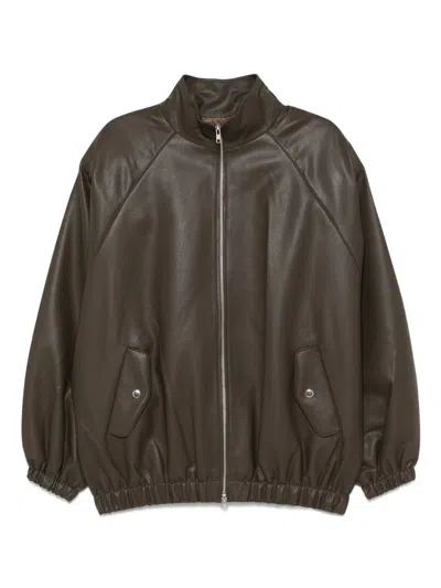 The Frankie Shop Oversized Faux Leather Bomber Jacket With Puff Sleeves In Brown