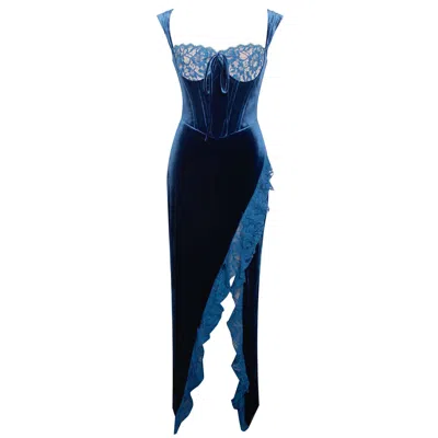 Miss Circle New York Women's Blue Odilia Teal Lace Velvet Maxi Dress