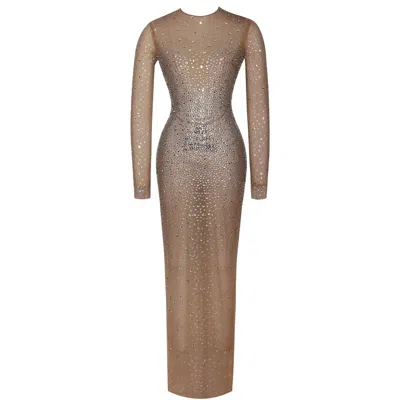 Miss Circle New York Women's Neutrals Isabel Crystal Embellished Mesh Long Sleeve Maxi Dress