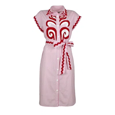 Lalipop Design Women's Pinstripe Cotton Shirtdress With Paisley Embroidery