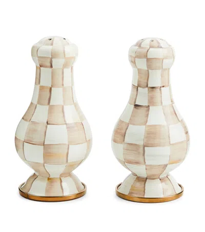 MACKENZIE-CHILDS LARGE MOCHA CHECK SALT AND PEPPER SHAKERS 