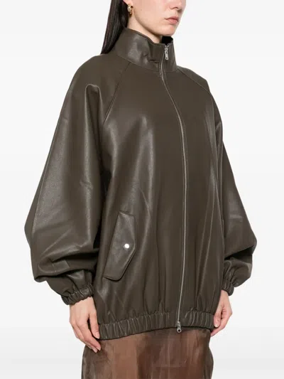 The Frankie Shop Oversized Faux Leather Bomber Jacket With Puff Sleeves In Brown