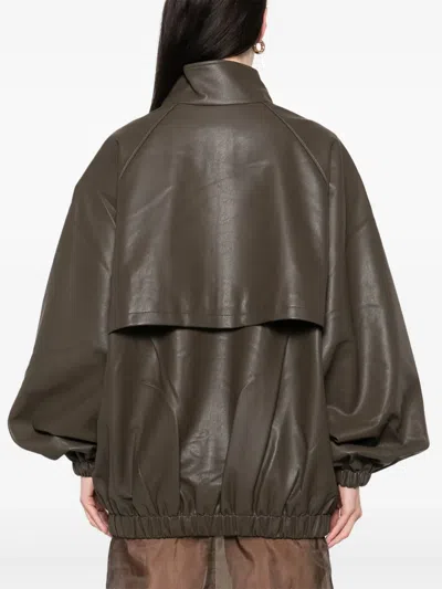 The Frankie Shop Oversized Faux Leather Bomber Jacket With Puff Sleeves In Brown
