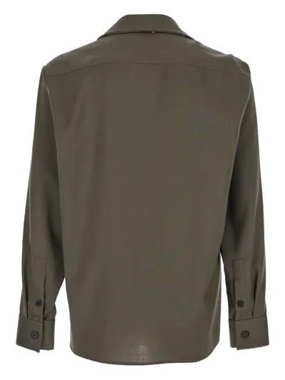 Low Brand Green Shirt With Classic Collar And Applied Pockets On The Front