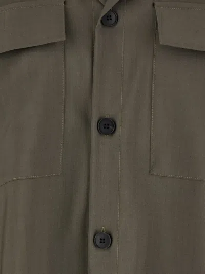 Low Brand Green Shirt With Classic Collar And Applied Pockets On The Front
